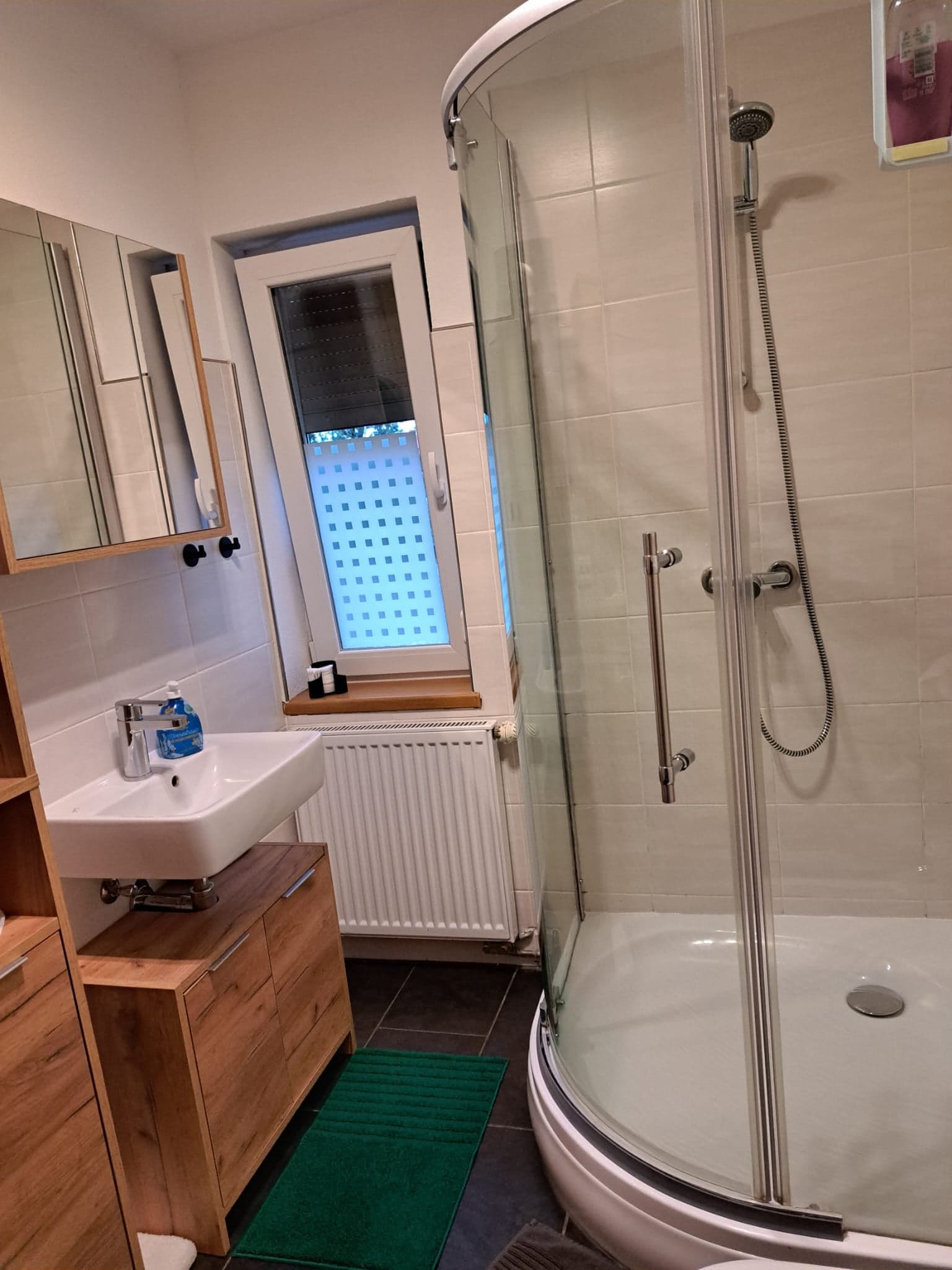 Badezimmer der Wohnung A mit Eckdusche, Waschbecken und Spiegelschrank