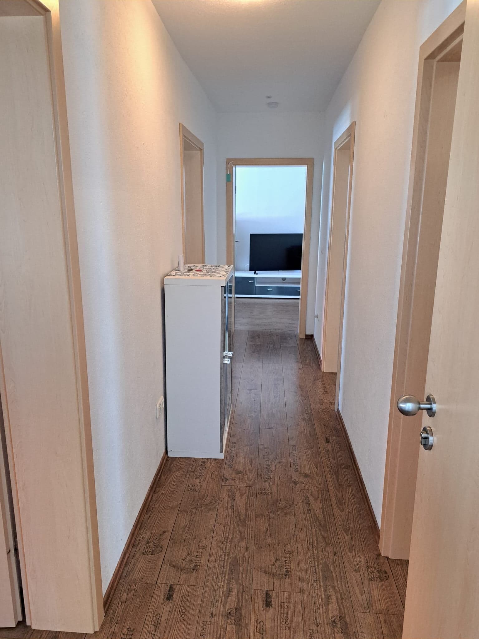 Flur der Wohnung A mit Blick durch die offene Tür ins Wohnzimmer